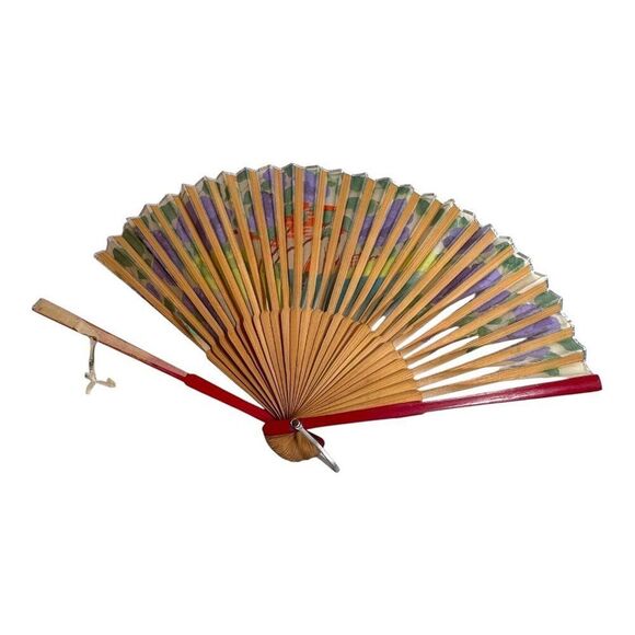 Vintage Hand-Painted Wooden Folding Fan Purple Wisteria Floral Landscape READ - Picture 4 of 10